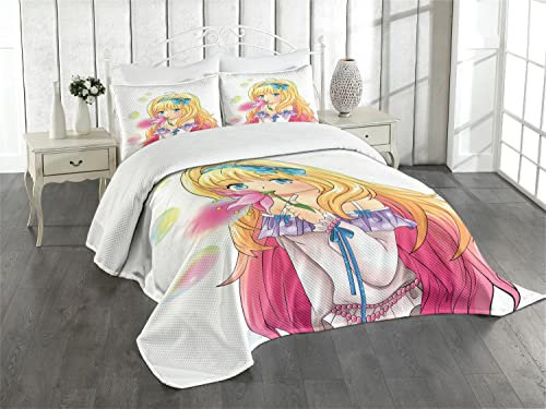 ABAKUHAUS Anime Tagesdecke Set, Manga Cartoon-Grafik, Set mit Kissenbezügen Feste Farben, für Doppelbetten 264 x 220 cm, Gelb Rosa