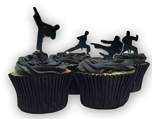 Top That 30 essbare Oblatenpapier-Kuchenaufsätze, Kampfsport-Silhouetten, Karate, Judo, Dekoration, weiß oder hell, für Geburtstag, Party