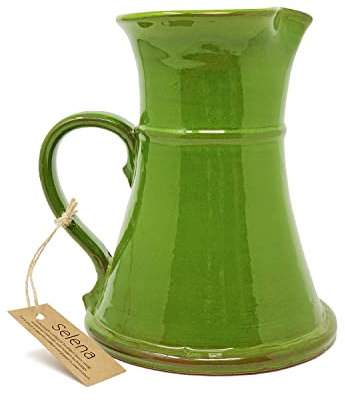 Verano Spanish Ceramics Selena Glaze Hand Dipped Decorative Large Flat Based Jug - New Home Decor Kitchen Restaurant Cafe Dining Table Vase Serving Cream Milk Water Juice Pourer - 20cm Dark Green