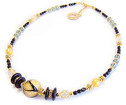 Venezia Classica - Damen Halskette mit Perlen aus Muranoglas, Kollektion Aida, Perlen mit Blattgold 24kt und schwarzer Maserung, made in Italy
