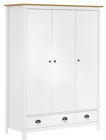 vidaXL Kiefernholz Massiv Kleiderschrank mit 3 Türen 2 Schubladen Garderobenschrank Schrank Holzschrank Schlafzimmerschrank Weiß 127x50x170cm