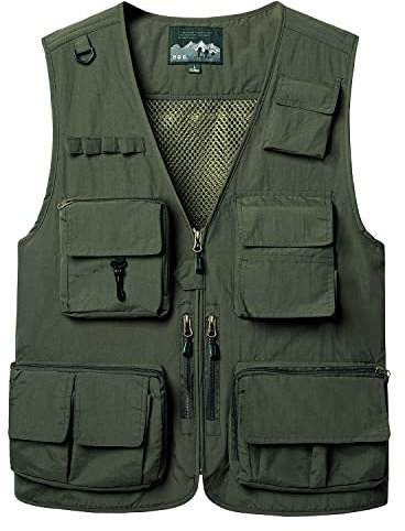 KTWOLEN Herren Anglerweste Sommer Leicht Schnelltrockenweste Funktionsweste Outdoor Fotografie Hundesport Weste Ärmellos Safari Weste mit Viele Taschen, Grün, L