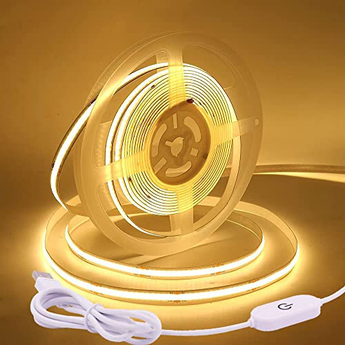Wisada COB LED Streifen 3m, DC 5V 320 LEDs/m Dimmbar Flexibler LED Lichtband, Innenbereich Nicht Wasserdichte Warmweiß COB LED Band Lichterketten mit Löten Sie Weiß Touch Dimmer für Schrankbeleuchtung
