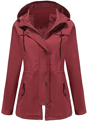 YUNCLOS Giacca antipioggia impermeabile leggera da donna, con cordoncino di chiusura in vita con cappuccio, antivento, da esterno, Bordeaux, XL