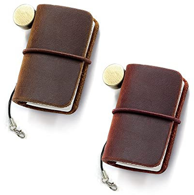 2 Colors Mini Size Travelers Notebook with Leather Cover and Strap, Refillable Handmade 4.8x3.2cm(1.9’’x1.3’’) Tiny Travel Journal, Pocket Diary (brown and red)