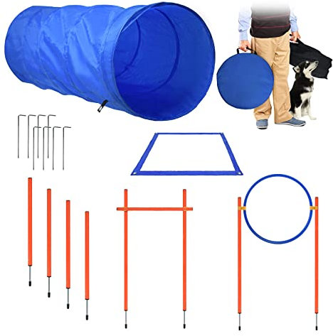 LZQ Agility Set Hunde Hindernisse Hunde Training, Agility-ausrüstung für Hunde Beweglichkeit Hindernisse Trainings-Set mit Slalomstangen Hundetunnel Einstellbar Sprungring