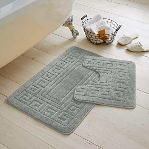 Artistic Fashionista Limited 2 Pieces GREEK Bath Mat Rugs for Bathroom - Non Slip Anti Mould Bath Mat Set - Soft - Extra Water Absorbent Pedestal Ultra Plush Bathroom Mats Toilet Shower Set (Silver)