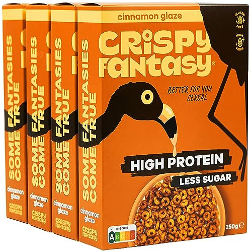 Crispy Fantasy Protein Cereal, Cinnamon, Gluten Free, Vegan, Low Sugar, Snacks, High Fibre, Plant Based, Just Add Milk, Healthy Breakfast for Kids & Adults, 8g Per Serving, 4 Boxes, 1000 g