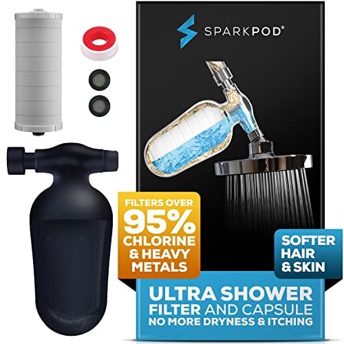 SparkPod Shower Head Water Filter and Cartridge - 150 Stage Shower Filter - Up to 95% Chlorine & Heavy Metals Removal - for Soft Hair and Skin - Midnight Black Matte - Shower Softener Filter
