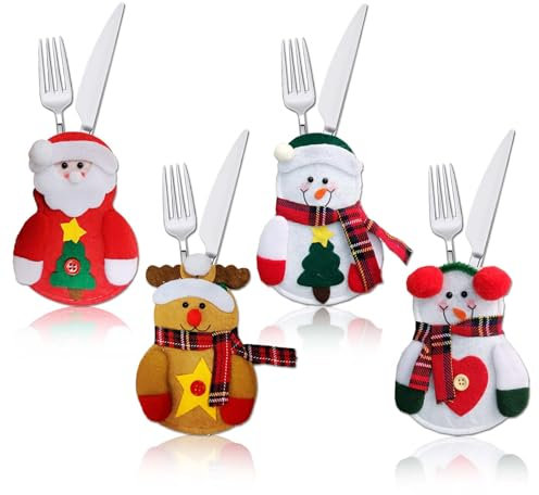 CLDURHGE 4 Piezas Bolsita para Cubiertos de Navidad, Decoracion de Mesa Navideña,Adecuado Para Fiestas de Cumpleaños, Fiestas, Cenas Familiares (Muñeco de Nieve, Santa Claus, Alce)