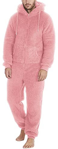 Beokeuioe Pigiama da uomo, morbido, tuta da uomo, con cappuccio, in pile, per coppie, in peluche termico, tuta intera, Colore: rosa., XXXXL