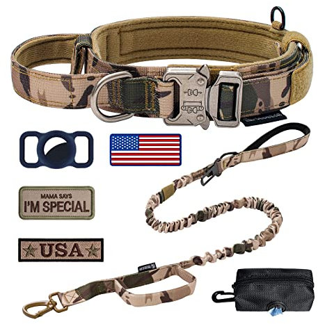 OEBEESA Taktisches Hundehalsband, verstellbares Militärhalsband: - Nylon K9 Halsbänder mit Griff und robuster Metallschnalle für mittelgroße und große Hunde mit 3 Patches und Airtag-Etui-Halter (XL,