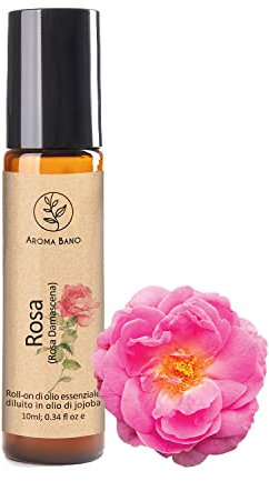 Roll On Olio Essenziale Rosa Damascena AROMA BANO Diluito In Olio Di Jojoba Pronto per l'uso 10ml -100% naturale Ideale Per Aromaterapia (Roll On Olio Essenziale Rosa Damascena)