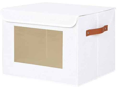 YheenLf 1 Stück Aufbewahrungsboxen, Schrank Organizer, Faltbare Stoffbox mit Deckel, Aufbewahrungsbox Kleiderschrank mit Transparentem Fenster, Kasten Boxen mit Griff, Weiß, 33x23x20cm