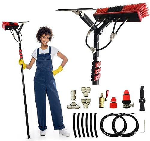 Water Fed Pole Brush Kit, Solar Panel Window Cleaner Cleaning Brush & Pole Kit Extendable Outdoor Window Cleaner W/Hose Squeegee,(Size:24FT)