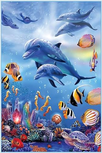 5D Diamond Painting Kits für Anfänger Kunst 20x30cm, DIY Meerestiere Delfine Malerei Set, Basteln, Round Drill, Strass Stickerei, Kunst Basteln, Leinwand, Wanddekoration, Aufkleber, Heimdeko Q-406