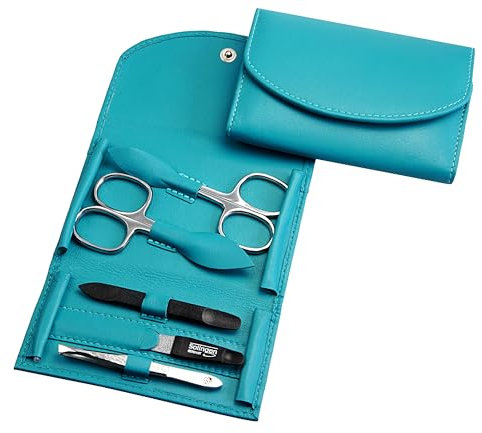 Maniküre Set - 5 teiliges Nagelpflegeset - Echtes Nappa-Lammleder Manicure Etui - Nagelschere, Hautschere, Nagelfeile, Pinzette und Doppelinstrument (Türkis)