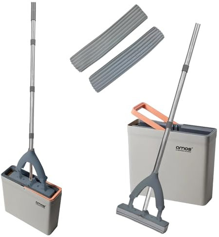 AMOS Self-Cleaning Sponge Mop and Bucket Set with 3X Super High Absorption Sponge Heads, Adjustable Height Suitable for All Hard Floors Lightweight with Carry Handle