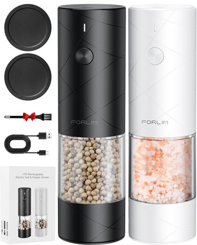 FORLIM Electric Salt and Pepper Grinder Set, USB Rechargeable, Automatic Salt Pepper Mill Grinder with Dust Cover, One-Button Control, Adjustable Coarseness, Warm LED Light (2 Packs, Black&White)