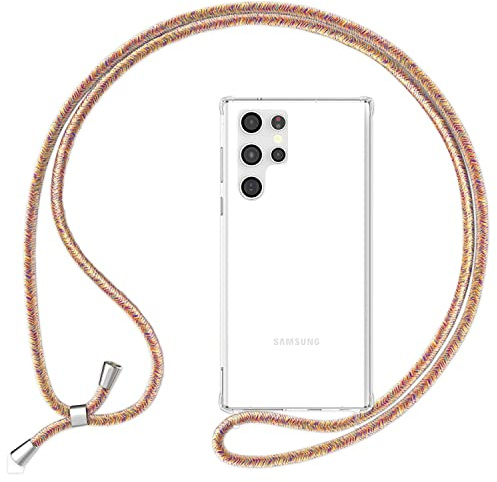 NALIA Handykette für Samsung Galaxy S24 Ultra - Hülle, Regenbogen Bunt | Kordel ca. 1,60m für Crossbody, Ösen fest im Rahmen eingegossen, Massive Metallenden, Verstärkte Ecken, HANGIT PRO