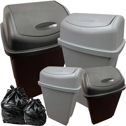 STORM TRADING GROUP Black or Silver Plastic Swing Bin Waste Recycling Dustbins Kitchen, Office, Bathroom, Rubbish & Trash Refuse Bins (Silver, 2 x 50 Litre Bins)