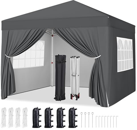 Yaheetech Pop-Up Gazebo 3x3 with 4 Removable Side Panels, Silver-costed Oxford Marquee Canopy w/Wheeled Bag & Sandbags, Metal Frame Shelter Tent for Outdoor Garden Party Camping, Dark Grey