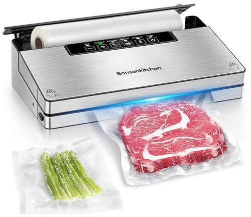 Bonsenkitchen Vakuumierer, Stark Vakuumiergerät mit 5 Modi, 8 L/Min, Globefish-Technologie für Kontinuierliches Arbeiten mit Hoher Geschwindigkeit, Schnelles Vakuum, Rollenaufbewahrung mit Cutter,125W
