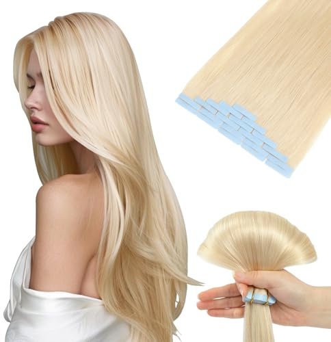 Tape Extensions Echthaar, Unsichtbare Tape-in Extensions Echthaar, 100% Remy Echthaar, Seidig & Volle Spitzen, Platin Blond #60, 20 Stück, 40g, 40cm,Wiederverwendbar,Haarverlängerung