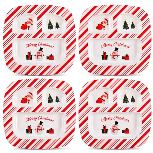 Sawysine Merry Christmas Divided Dinner Plate, 9 Inch Christmas Dinnerware Set 3 Section Square Xmas Dishes Reusable Plastic Tray for Xmas Holiday Party Supplies Table Decorations(4 Pcs)