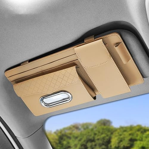 Flaconi Organizer Auto,Organizer Parasole per Auto,Organizer per Parasole per Auto,Gadget per Macchina,Auto Parasole Organizer con Porta Occhiali per Carte,Patente,Penne,Occhiali,Documenti(Beige)