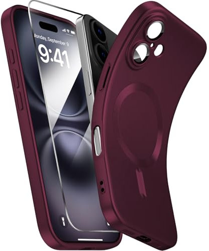 X-level für iPhone 16 Hülle, Kompatibel mit MagSafe, 1 Handyhülle iPhone 16 Case und 1 Schutzfolie, Kameraschutz Vollständiger, Stoßfest Dünn Weiche Kratzfest Matt Schutzhülle, Weinrot