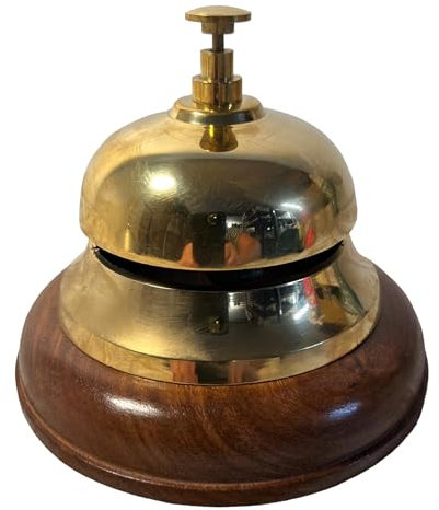 Elegante campanello in ottone con base in legno, ideale per hotel, scuole e ristoranti (12 cm di larghezza x 10 cm di altezza)