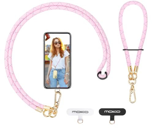 MoKo Crossbody Phone Lanyard, Adjustable Cell Phone Lanyard, Premium 8mm Thick Rope Mobile Phone Lanyard for iPhone, Samsung,and More | Phone Neck Strap×1, Wrist Strapx1, Lanyard Patch×2, Pink