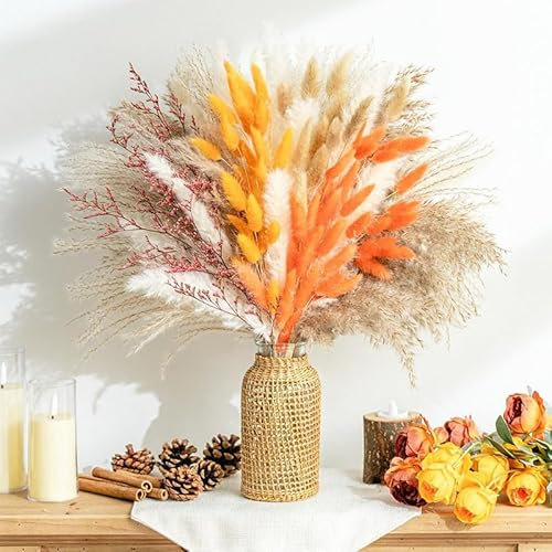 Nature Pampas Grass Boho Natural Dried Flowers Decoration Bouquet DIY Reed Flower Decor for Flower Arrangement, Wedding Decor, Home Décor, Table Living Room Vases (Orange)