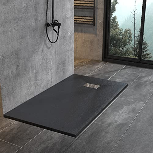 WITEN&NOCK SMC Duschtasse 160x90cm Steinoptik Anti-Rutsch 32mm Schwarz | Ø90mm DIN-Anschluss, bruchfest, zuschneidbar, Vielseitige Montage, hygienisch, einfach zu reinigen für Duschkabine Duschwand