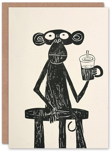 Artery8 Cartoon Monkey Chimp Drinking Iced Coffee Blank For Him Or Her Art Birthday Card