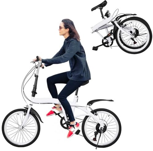 Chynalys 20 Inch Folding Bike Adult, 6 Speed Mountain Bike, Adjustable Height Foldable Bike, Light Weight Folding Bike for Adult Men and Women Teens City Bike for Children, Double V Brake, White