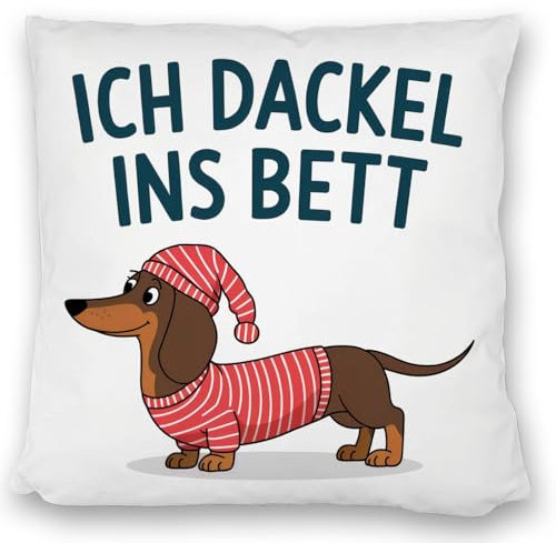 speecheese Dackel im Hemd - Ich dackel ins Bett Kissen satiniert Lustige Illustration des Dackels im roten gestreiften Hemd und Schlafmütze Humor Gemütlichkeit pur