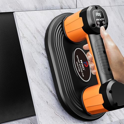 Procci Neue Akku Saugheber für Fliesen, Glas, Marmor, 26 cm Länge, 2 Motoren, 200 KG Saugkraft, Polyurethan-Dichtung, LCD-Display, 4500 mAh Batterie Bis Zu 12 Stunden (Kann auf Raue Materialien)