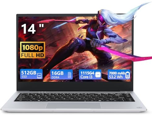 Ekonavi Metallo PC Portatile, Notebook Core i3-1115G4 processore 16 GB RAM 512 GB SSD, Laptop con 14 pollici display 1920x1080, Win11 Pro, 2*Type-C, 2*USB3.2, batteria da 7000 mAh, HDMI, Wi-Fi 6