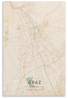 LZTEN Graz Österreich-Karten-Poster, Vintage-Druck, Leinwand, Wandkunstdruck, Poster für Zuhause, Schule, Büro, Dekoration, ungerahmt, 40 x 60 cm