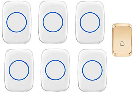 WOTZOV Wireless Doorbell, Portable Music Door Chime Kit with Memory Function,1 Push Button And 6 Receivers,300M Range,LED Indicator,58 Ringtones,4 Volume Levels,Gold,Gold