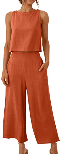 KDEIHT Musselin Hosenanzug Damen Sommer Zweiteiler Tank Top und Hose 2 Teiler Elegant Hosenanzüge Baumwolle Leinen Jogginganzug Elegant Outfit Business Casual Anzug Leicht Luftig Freizeitanzug