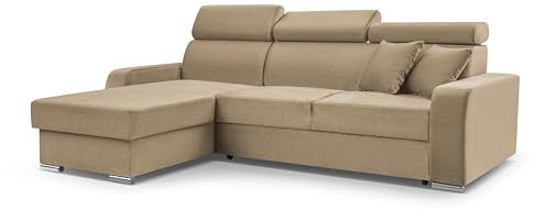 FurniShop24 Ecksofa mit Schlaffunktion und Bettkasten - Schlafsofa L Form 236x165 cm mit verstellbaren Kopfstützen und dekorative Kissen, Eckcouch Focus Cappuccino
