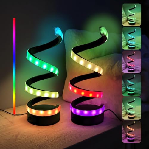 Nicoone Spiral LED Night Light, 2pcs RGB Colour Changing Bedside Lamp, 36 Modes Colorful Adjustments, Minimalist Decorative Black Nightstand Lamp for Ambient Lighting, Bedroom, Game Room