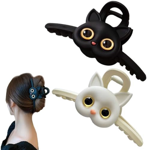 CATOR Lot de 2 Grandes Pinces à Cheveux, Chatons Pinces à Cheveux Antidérapantes Pinces Cheveux Femme, Pinces à Cheveux Griffe pour Cheveux épais, Accessoires de Coiffure - Noirs & Blanc