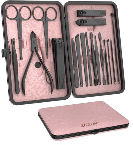 ZIZZON Nagelknipser Maniküre-Pediküre-Set, 18-in-1, Nagelpflegeset mit Leder-Reiseetui (Schwarz/Rosa)