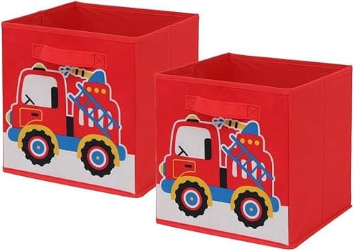 2 PCS Folding Collapsible Storage Cube Boxes for Kids Toy Clothes with Handle, Foldable Kids Canvas Unit Cube Organiser Basket Bin for Nursery Children Bedroom Wardrobe (Red Car, Pack of 2)