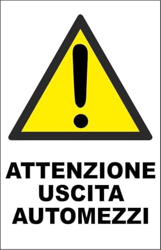 M-ITALY CARTELLO SEGNALETICO - ATTENZIONE USCITA AUTOMEZZI - Adesivo Extra Resistente, Pannello in Forex, Pannello In Alluminio (Plastica, 10x15 cm)