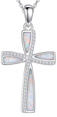 ONEFINITY Opal Kreuz Kette Für Damen 925 Sterling Silber Weißer Opal Anhänger Christliche Schmuck Geschenke